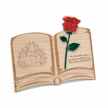 Cargar imagen en el visor de la galería, Libro de madera Sant Jordi, con rosa y dedicatoria