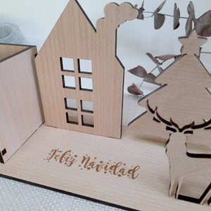 Base de madera con portavelas Navidad